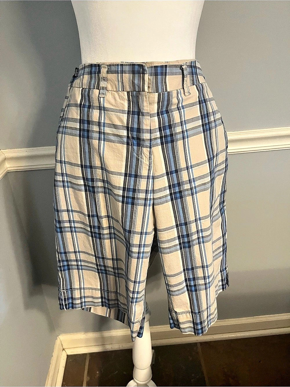 Plaid Bermuda Shorts in Blue & Cream